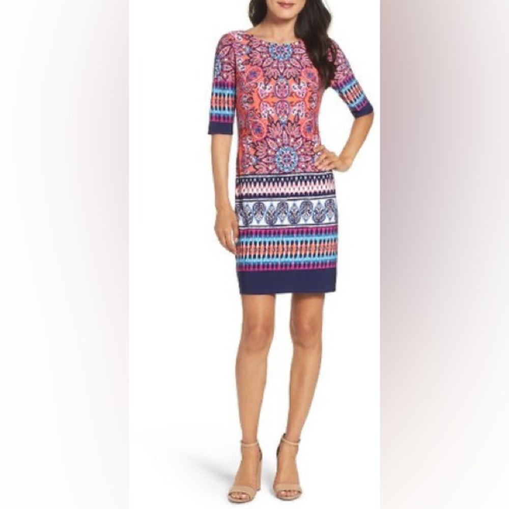 Eliza J Multicolor Printed Paisley Elbow Sleeve Sheath Dress Size 10